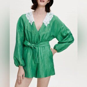 Maje Ifeuille Linen-Blend Romper Green Guipure Collar | 34 NWT